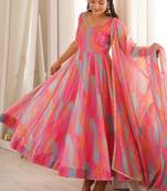 Fuchsia pink abstract printed organza anarkali suit set