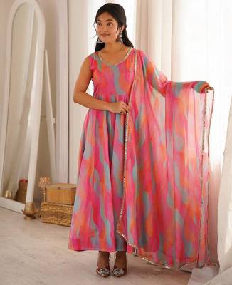 Fuchsia pink abstract printed organza anarkali suit set 3