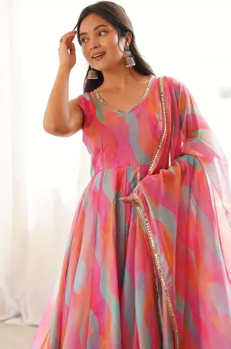 Fuchsia pink abstract printed organza anarkali suit set