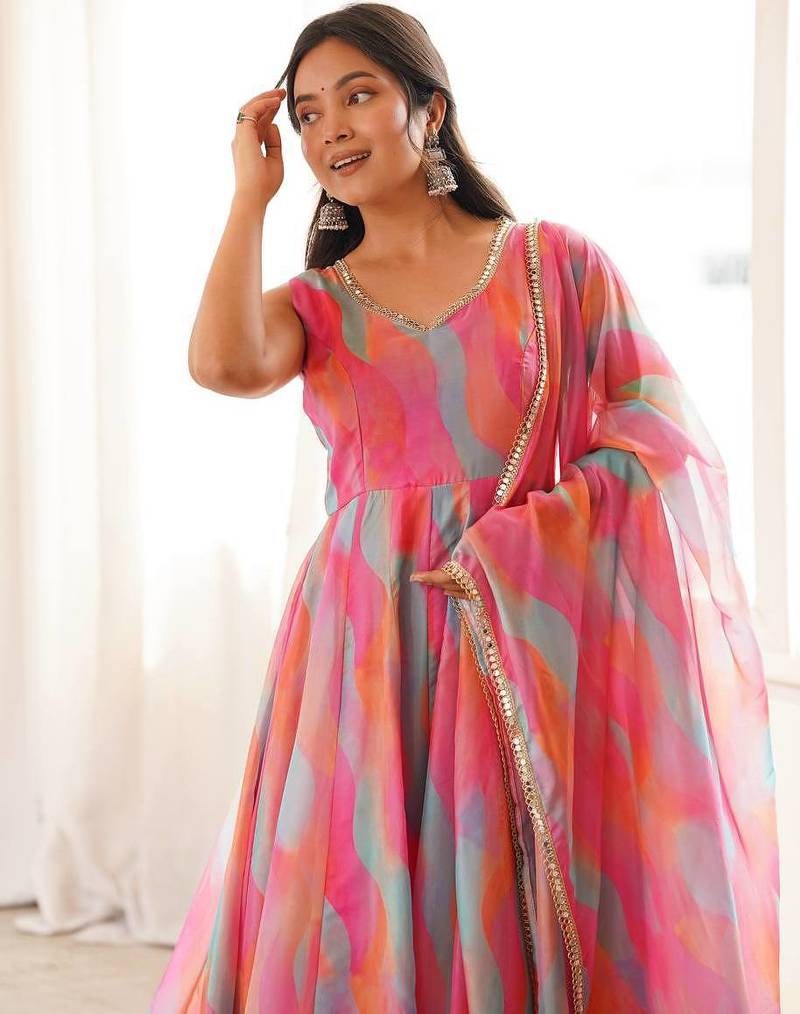 Fuchsia pink abstract printed organza anarkali suit set