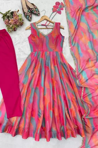Fuchsia pink abstract printed organza anarkali suit set