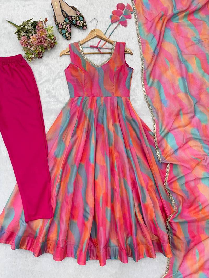 Fuchsia pink abstract printed organza anarkali suit set