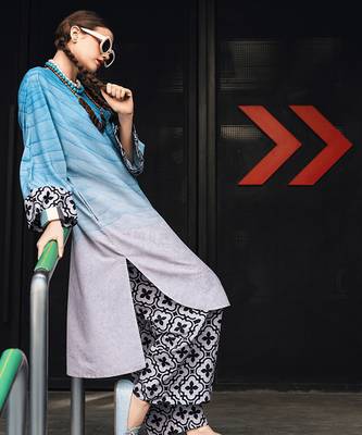 Blue geometric print linen  fancy co-ord set for women 3