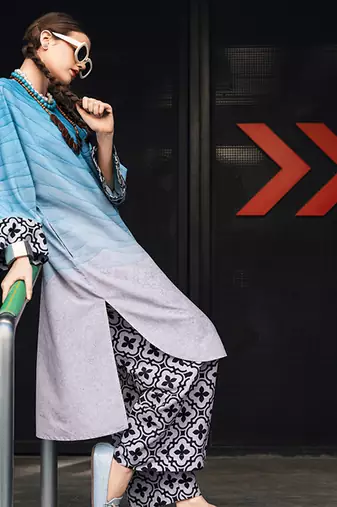 Blue geometric print linen  fancy co-ord set for women