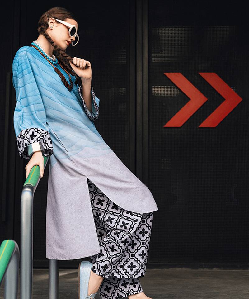 Blue geometric print linen  fancy co-ord set for women