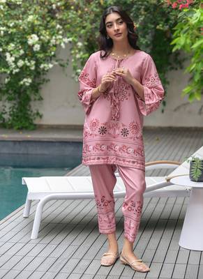 Pink floral print linen  fancy co-ord set for women 1