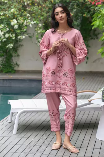 Pink floral print linen  fancy co-ord set for women