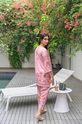 Pink floral print linen  fancy co-ord set for women 2