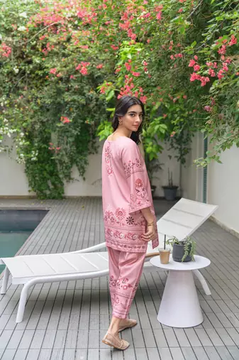 Pink floral print linen  fancy co-ord set for women
