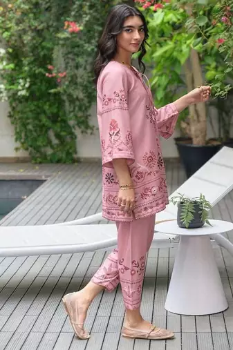 Pink floral print linen  fancy co-ord set for women