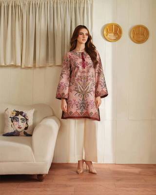 Peach floral print linen  fancy co-ord set for women 1
