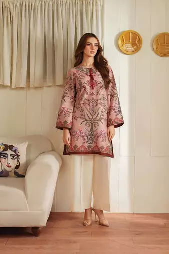 Peach floral print linen  fancy co-ord set for women