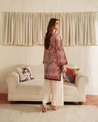 Peach floral print linen  fancy co-ord set for women 2