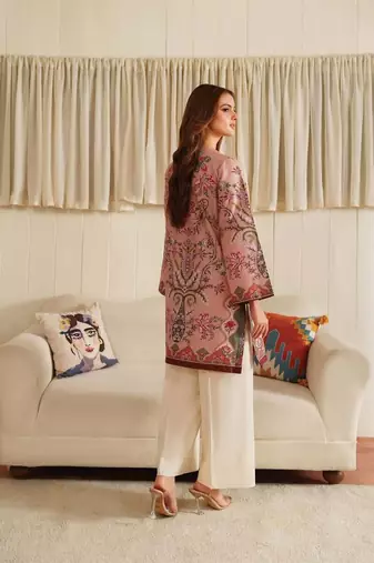 Peach floral print linen  fancy co-ord set for women