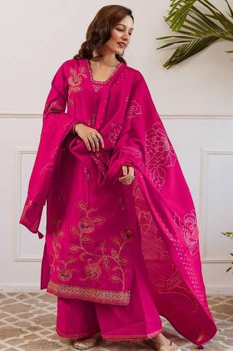 Women Floral Embroidered Thread Work Kurta with Palazzos & Dupatta
