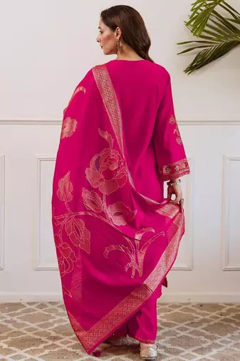 Women Floral Embroidered Thread Work Kurta with Palazzos & Dupatta