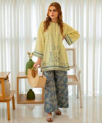 Yellow floral print crepe  fancy co-ord set for women 1