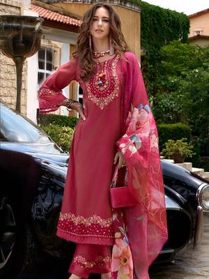 Floral Embroidered Thread Work Kurta with Trousers & Dupatta 1