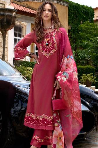 Floral Embroidered Thread Work Kurta with Trousers & Dupatta