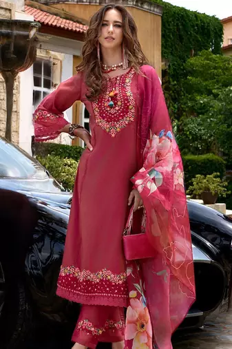 Floral Embroidered Thread Work Kurta with Trousers & Dupatta