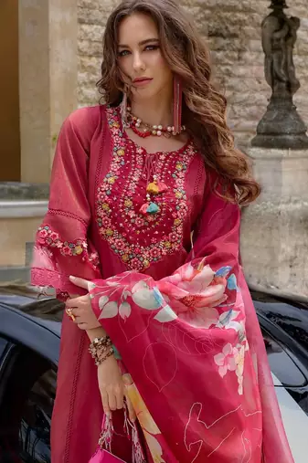 Floral Embroidered Thread Work Kurta with Trousers & Dupatta