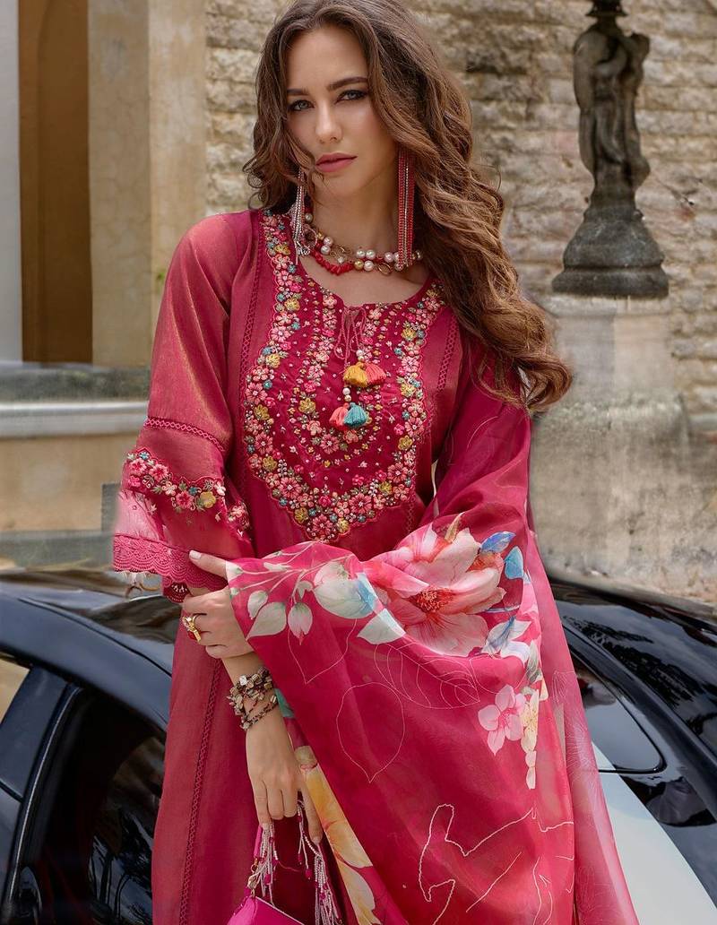Floral Embroidered Thread Work Kurta with Trousers & Dupatta