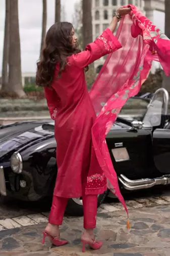 Floral Embroidered Thread Work Kurta with Trousers & Dupatta