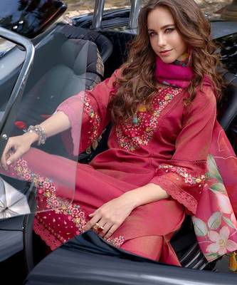 Floral Embroidered Thread Work Kurta with Trousers & Dupatta 5