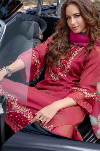 Floral Embroidered Thread Work Kurta with Trousers & Dupatta