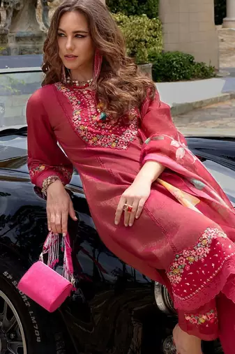 Floral Embroidered Thread Work Kurta with Trousers & Dupatta