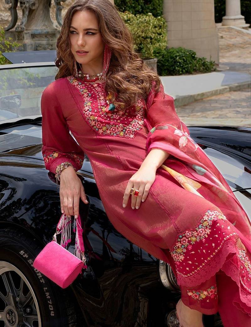 Floral Embroidered Thread Work Kurta with Trousers & Dupatta