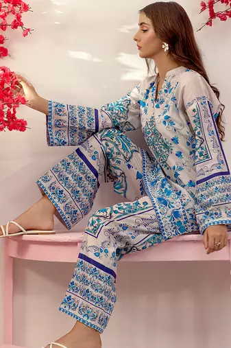 Blue floral print crepe  fancy co-ord set for women