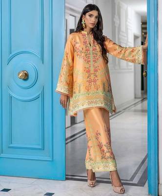 Peach floral print crepe  fancy co-ord set for women 1