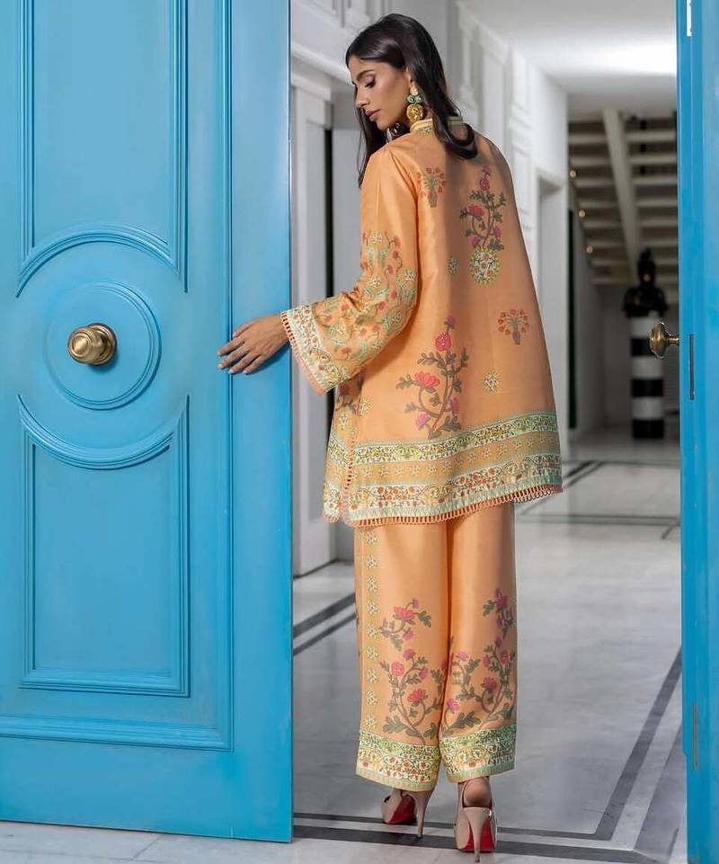 Peach floral print crepe  fancy co-ord set for women