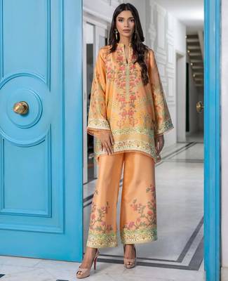 Peach floral print crepe  fancy co-ord set for women 3