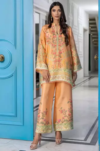 Peach floral print crepe  fancy co-ord set for women