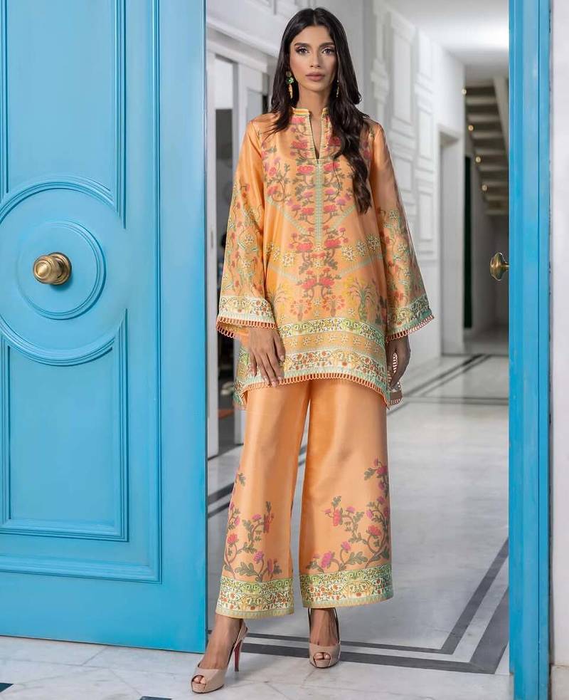Peach floral print crepe  fancy co-ord set for women