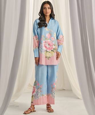 Sky blue floral print linen  fancy co-ord set for women 1