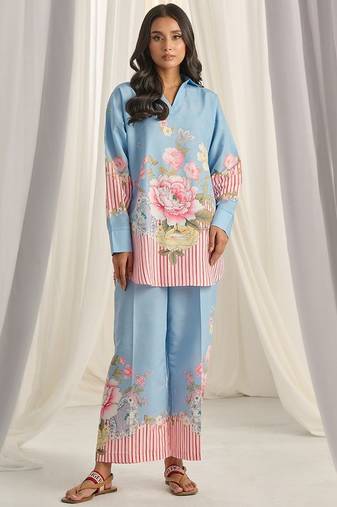 Sky blue floral print linen  fancy co-ord set for women