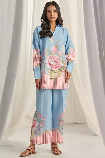 Sky blue floral print linen  fancy co-ord set for women