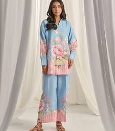 Sky blue floral print linen  fancy co-ord set for women