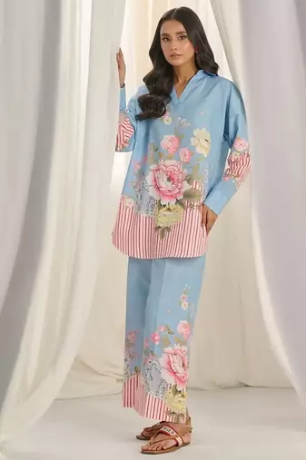 Sky blue floral print linen  fancy co-ord set for women