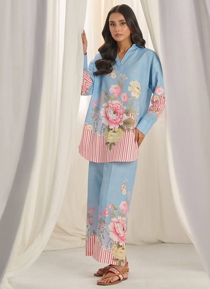 Sky blue floral print linen  fancy co-ord set for women