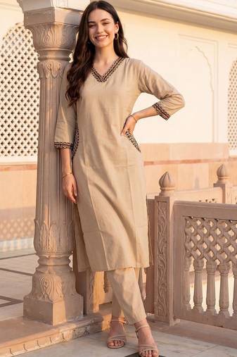 Women Ethnic Motifs Mirror Work Cotton Kurta with Trousers