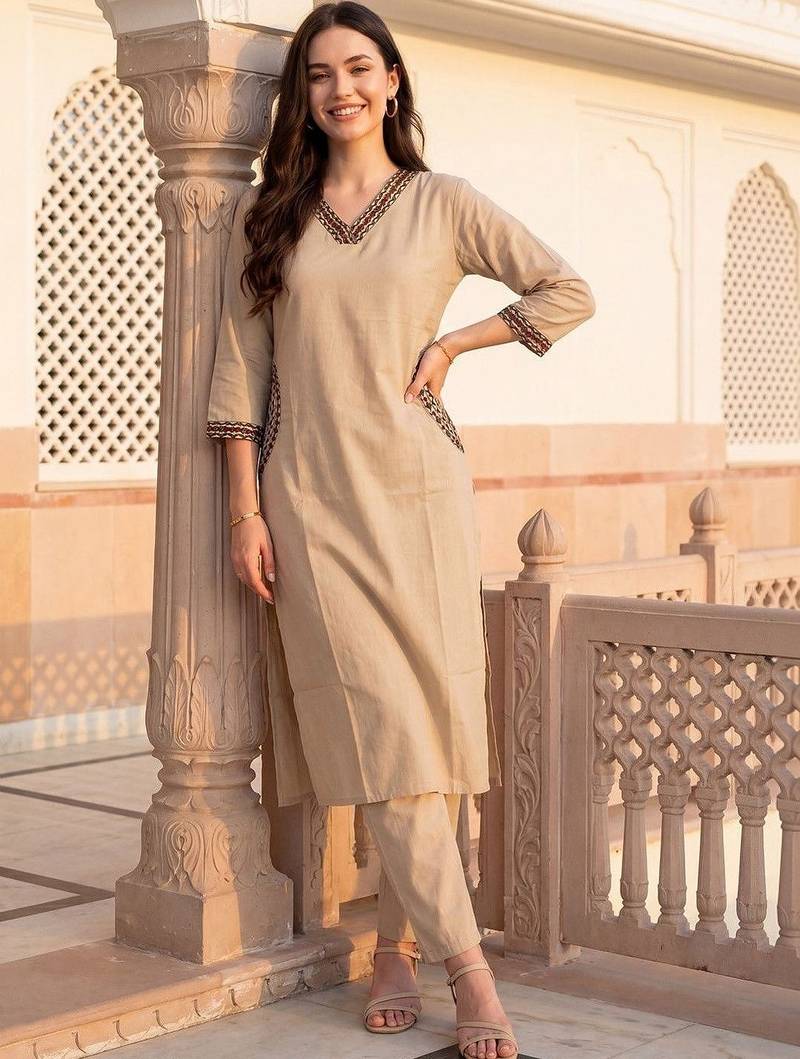 Women Ethnic Motifs Mirror Work Cotton Kurta with Trousers