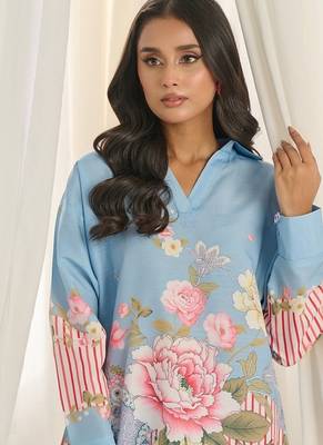 Sky blue floral print linen  fancy co-ord set for women 3