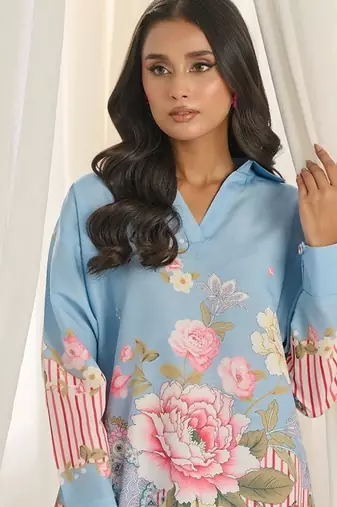 Sky blue floral print linen  fancy co-ord set for women