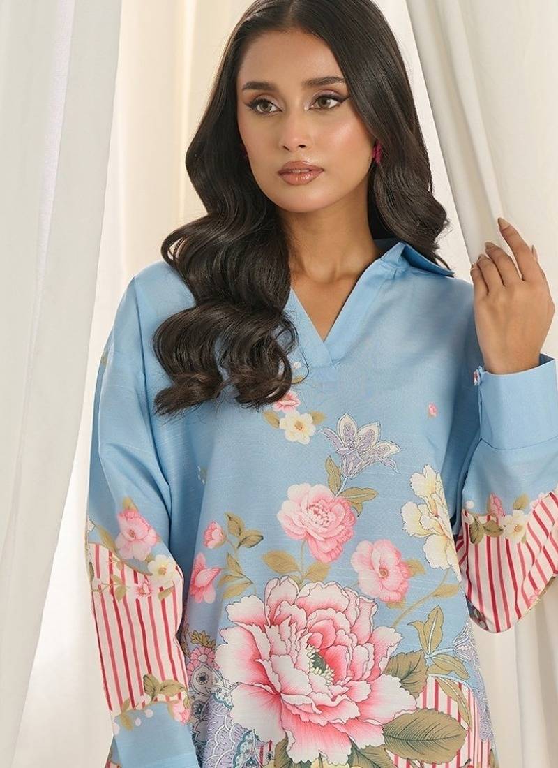 Sky blue floral print linen  fancy co-ord set for women