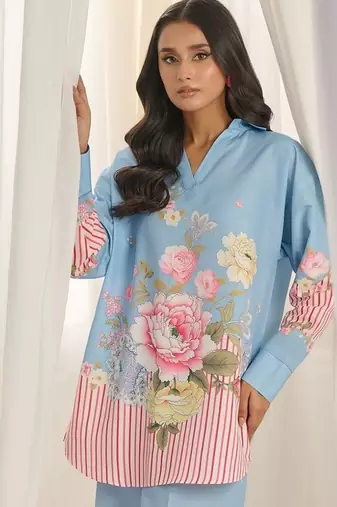 Sky blue floral print linen  fancy co-ord set for women
