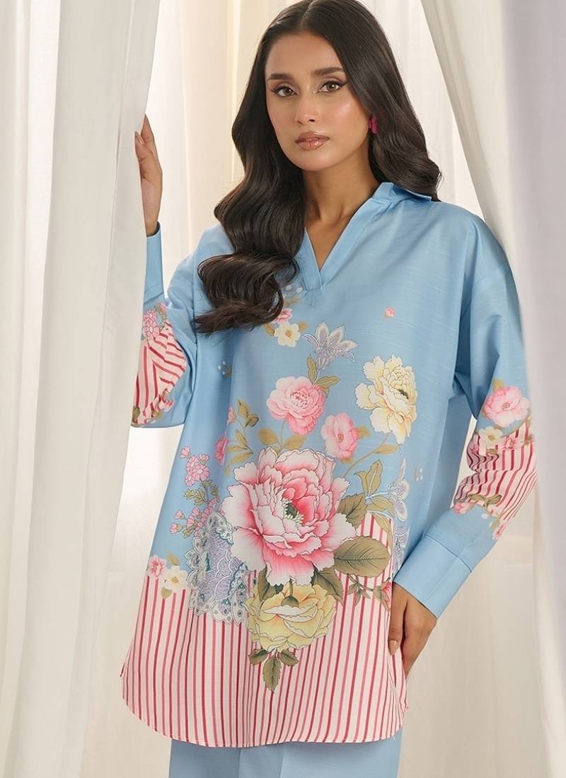 Sky blue floral print linen  fancy co-ord set for women